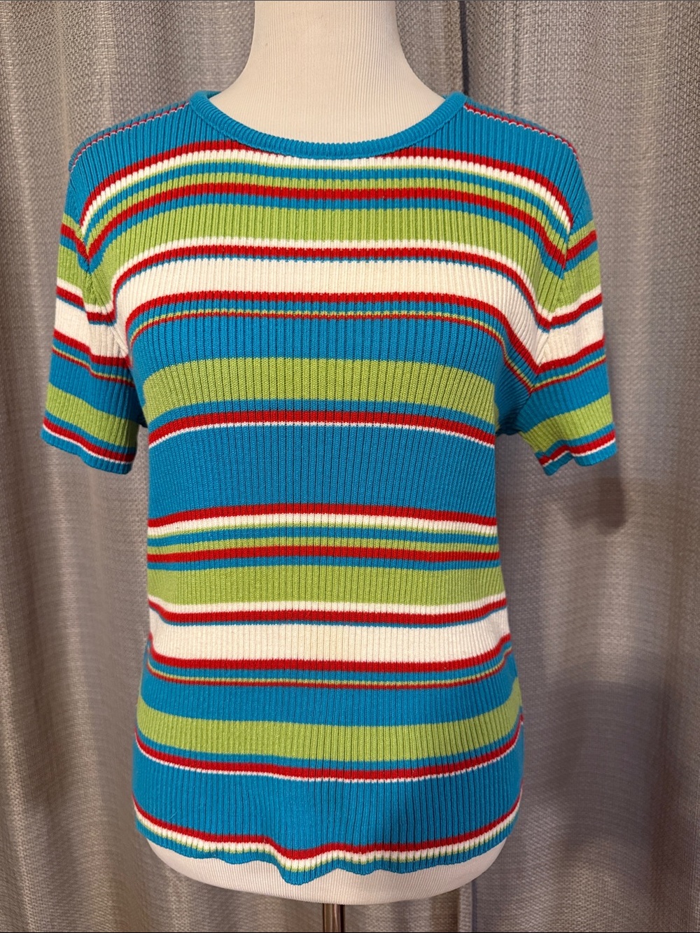 Vintage 80-90s Pierre Cardin Short-Sleeve Ribbed Knit Top - Blue, Green & White